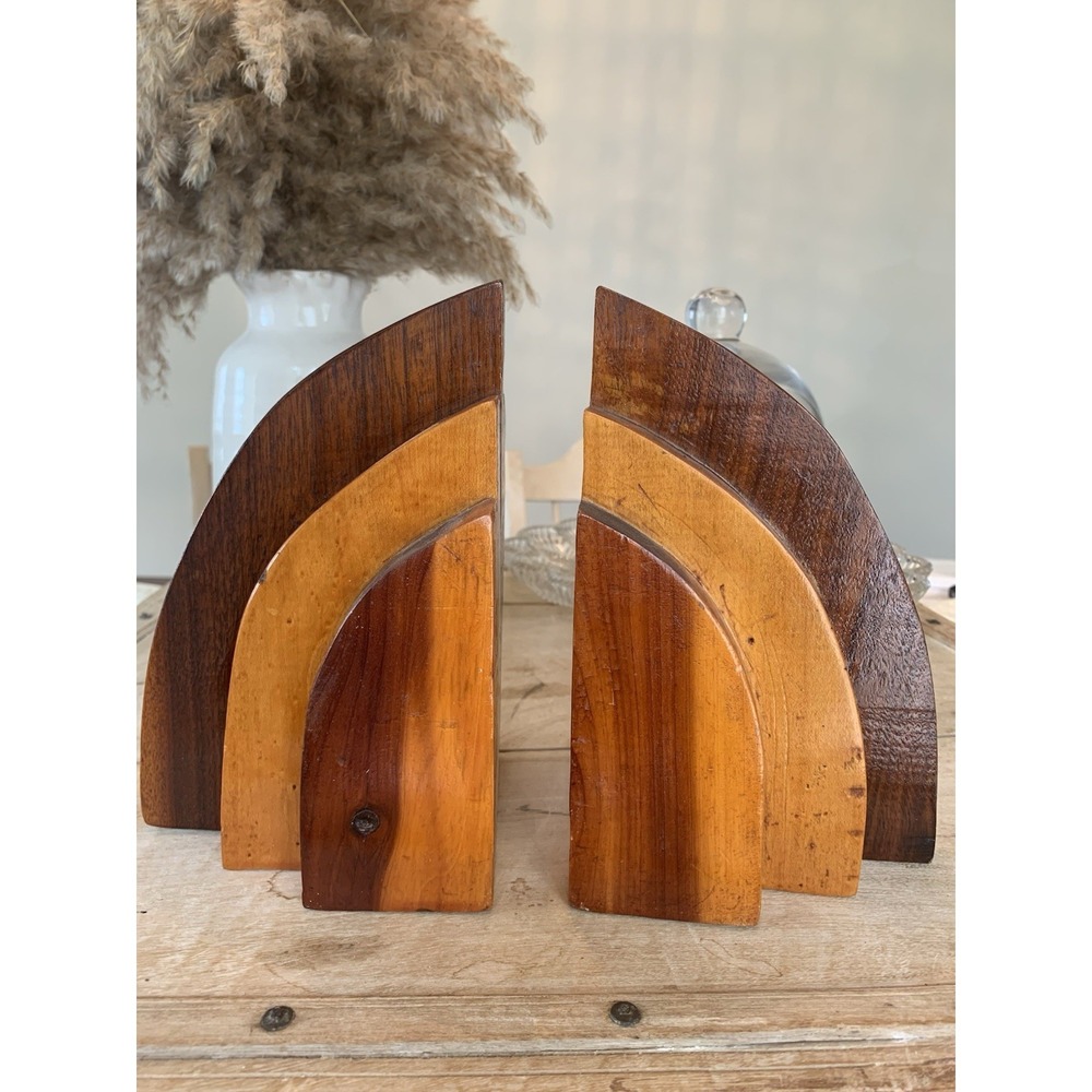 MCM Art Deco Layered Solid Wood Bookends Pair Medium Tone Vintage Home Decor